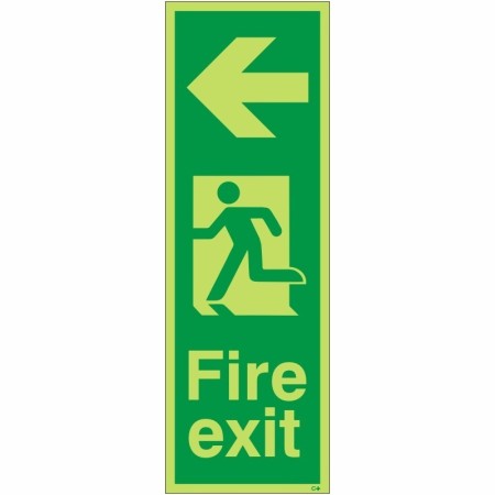 Glow in the dark fire exit sign with left arrow and running man symbol