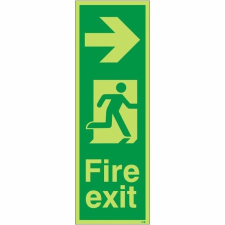 Glow in the dark fire exit sign with right arrow and running man symbol