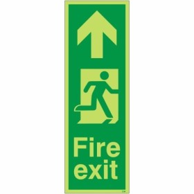 Glow in the dark fire exit sign with upward arrow and running man symbol