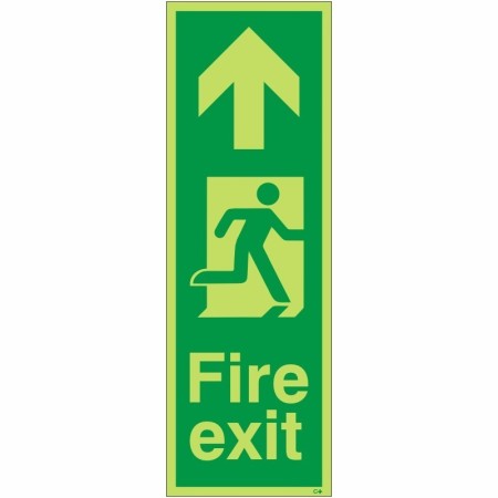 Glow in the dark fire exit sign with upward arrow and running man symbol