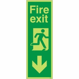 Glow in the dark fire exit sign with downward arrow and running man symbol