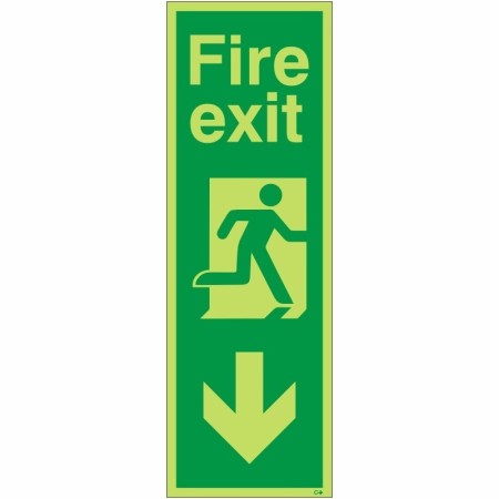 Glow in the dark fire exit sign with downward arrow and running man symbol