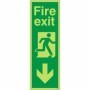 Glow in the dark fire exit sign with downward arrow and running man symbol