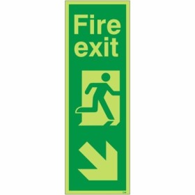 Glow in the dark fire exit sign with running man and down right arrow
