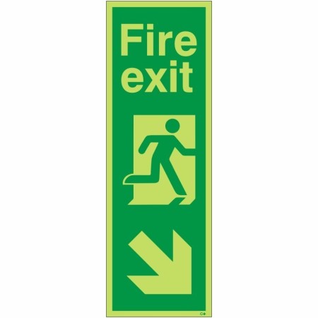 Glow in the dark fire exit sign with running man and down right arrow