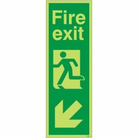 Glow in the dark fire exit sign with running man and down left arrow