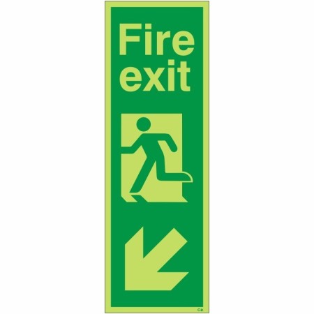 Glow in the dark fire exit sign with running man and down left arrow