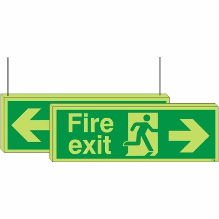 Glow in the dark double sided fire exit sign with left and right arrows