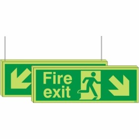 Glow in the dark double sided fire exit sign with down left and down right arrows