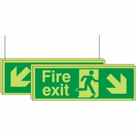Glow in the dark double sided fire exit sign with down left and down right arrows