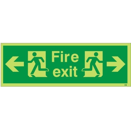 Glow in the dark fire exit sign with left and right arrows and running man symbol