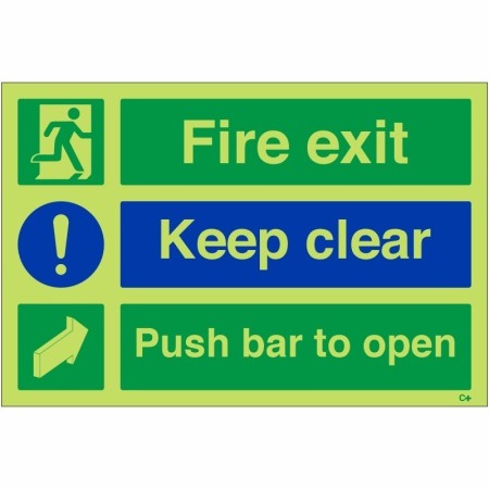 Glow in the dark fire exit keep clear push bar to open safety sign with symbols