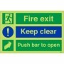 Glow in the dark fire exit keep clear push bar to open safety sign with symbols