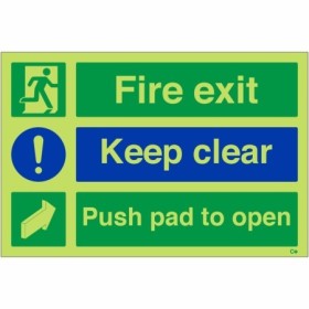 Glow in the dark fire exit keep clear push pad to open sign with symbols