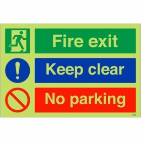 Glow in the dark fire exit keep clear no parking safety sign with symbols
