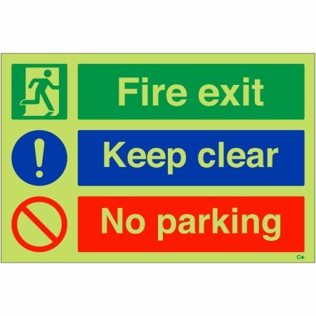 Glow in the dark fire exit keep clear no parking safety sign with symbols