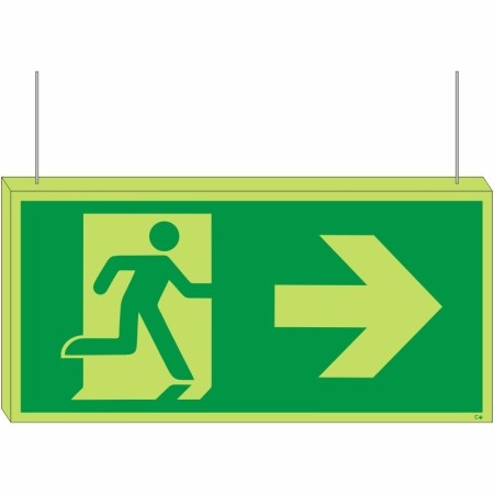 Double sided glow in the dark fire exit arrow right hanging sign