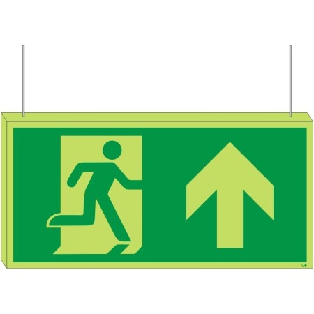 Double sided glow in the dark fire exit arrow up hanging sign