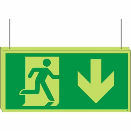 Double sided glow in the dark fire exit arrow down hanging sign