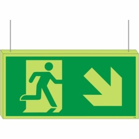 Double sided glow in the dark fire exit arrow down right hanging sign