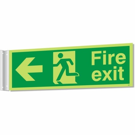 Fire exit left sign with running man symbol and left arrow for corridor evacuation