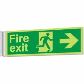 Fire exit sign with running man and right arrow for corridor evacuation