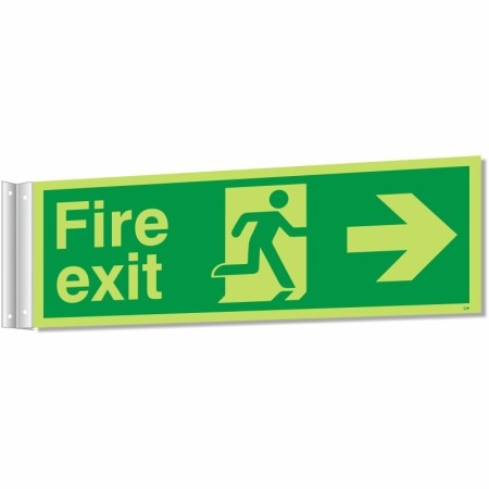 Fire exit sign with running man and right arrow for corridor evacuation