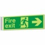 Fire exit sign with running man and right arrow for corridor evacuation