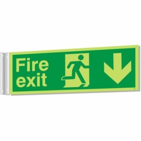 Fire exit sign with running man and downward arrow indicating escape route