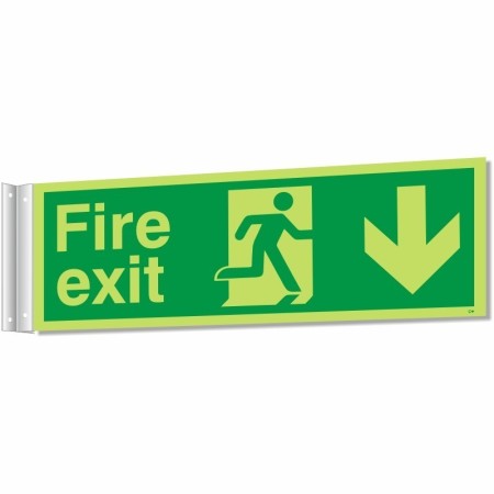 Fire exit sign with running man and downward arrow indicating escape route