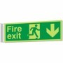 Fire exit sign with running man and downward arrow indicating escape route