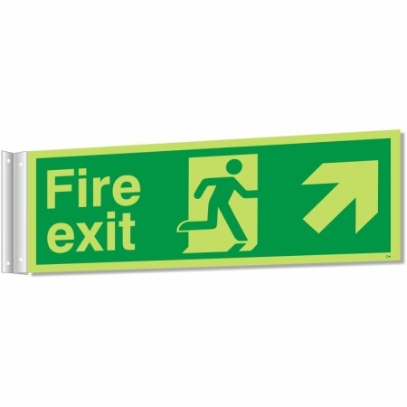 Fire exit sign with running man and up right arrow direction