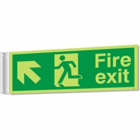 Fire exit up left corridor sign with running man and directional arrow