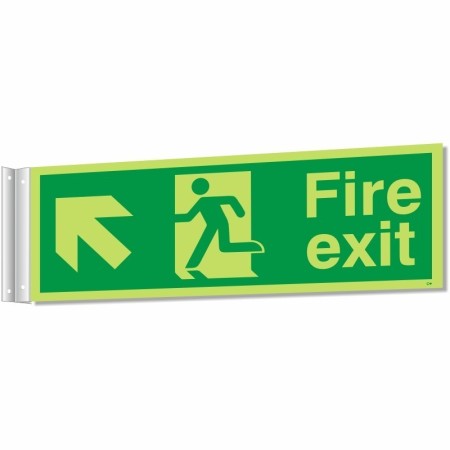 Fire exit up left corridor sign with running man and directional arrow