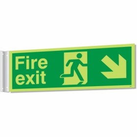 Fire exit sign with running man and diagonal down right arrow for evacuation route