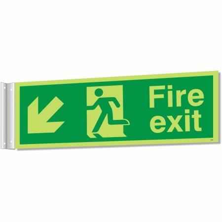 Fire exit sign with running man and down left arrow for corridor evacuation