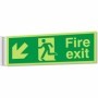 Fire exit sign with running man and down left arrow for corridor evacuation