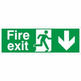 Fire Exit Arrow Down Sign with running man symbol and downward arrow