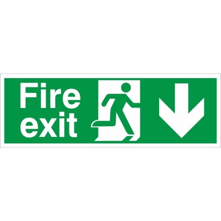 Fire Exit Arrow Down Sign with running man symbol and downward arrow