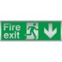  Fire exit sign in brushed aluminium finish with down arrow direction