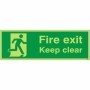  Glow in the dark fire exit keep clear sign with running man symbol for unobstructed escape routes.