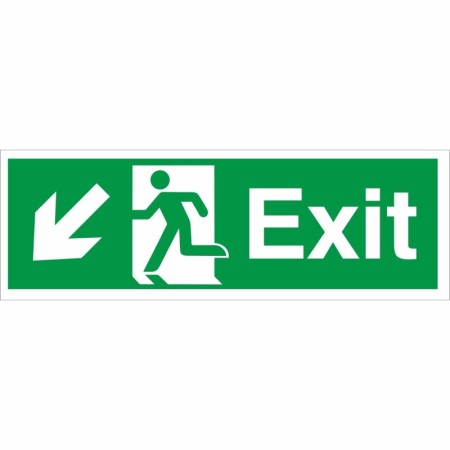 Exit Arrow Down Left Sign with running man symbol and down left arrow