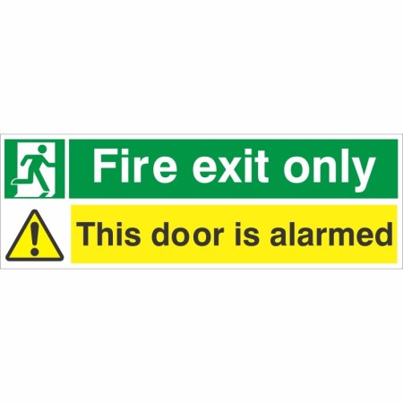 Fire Exit Only This Door Is Alarmed safety sign with warning symbol