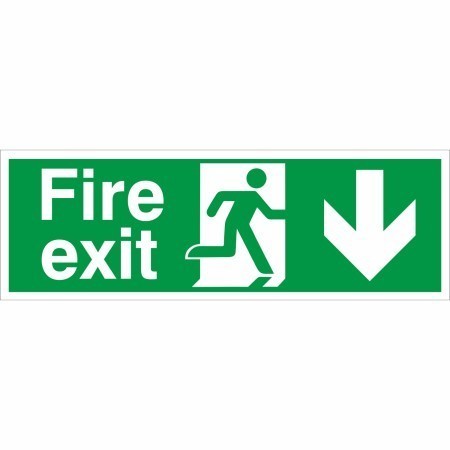 Extra large fire exit arrow down sign with running man symbol