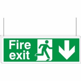 Fire exit down arrow double sided hanging safety sign