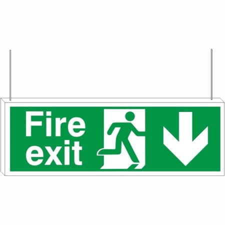 Fire exit down arrow double sided hanging safety sign