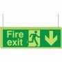  Suspended photoluminescent fire exit sign with downward arrow and escape figure