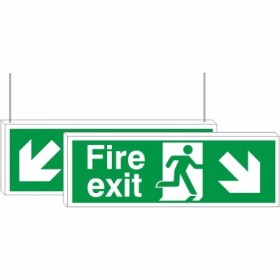 Fire exit down arrow down left right double sided hanging sign