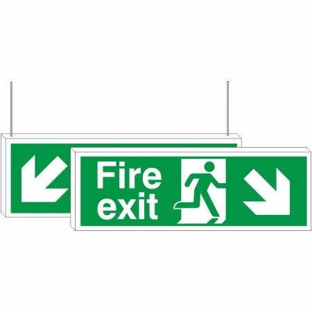 Fire exit down arrow down left right double sided hanging sign