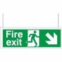  Hanging fire exit sign with down right arrow and running escape figure